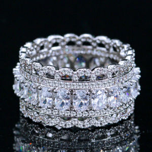 SEQUITO European Style Dazzling Ladies Finger Jewelry White Gold Plated Full Paved Setting Bling Bling Oval AAA Cubic Zirconia Excellent Brides Prom Party Hollow Ring SR093