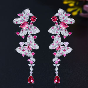 SEQUITO Elegant Women Jewelry White Gold Color Micro Pave Multicolor AAA Cubic Zirconia Vivid Butterfly Shape Long Drop Evening Party Earrings Clothing Accessories SE826