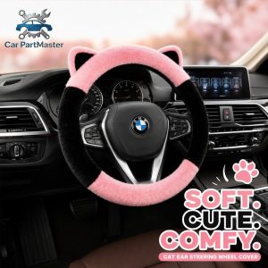 Car Steering Wheel Cover Plush Cat Ear Universal Anti Slip Elastic Soft Fuzzy Interior Decor