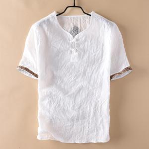 Mens Cotton Linen Shirt Casual Loose Tops short Sleeve Tee Shirt Spring Autumn Casual Handsome Mens Shirts