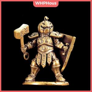 WHPHous Brass Made Shield Soldier Statue Pumpkin Demon Warrior Display With Hammer Pumpkin Headgear Figurine Home Office Decor