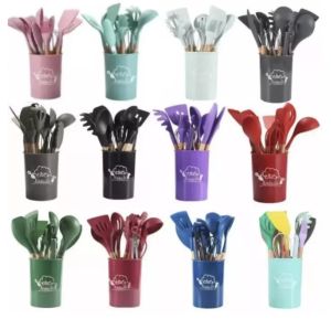 New 12 Pcs Wooden + Silicone Kitchen Utensils / Cooking Tools Set Kitchen Cooking Tools Stand Kitchenware Spatula Silicone Kitchen Utensils Set With Wooden Handles Heat Resistant -30 to 230 C