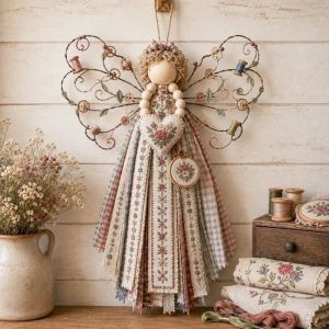 SIRENXI Cánh nhiều lớp Bộ dụng cụ thủ công tự làm đồ treo vải hình thiên thần Nút bấm Vải cắt sẵn Bộ dụng cụ làm đồ thủ công bằng vải hình thiên thần Trang trí tường lễ hội có hướng dẫn Bộ dụng cụ làm thiên thần Giáng sinh