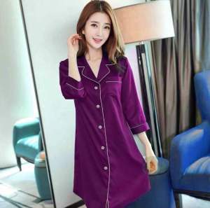 2266 ชุดนอนกระโปรง 7 ส่วนแขนยาว ผ้าเบาสีพื้นผ้า สินค้าพร้อมส่ง ไม่ต้องรอพรีออดอร์