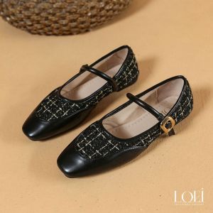 LOEI Akira Flats Shoes Wanita Kekinian Mary Jane Tweed Sepatu Korean Style 1142