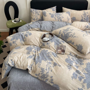 Dansunreve 4in 1 bộ đồ giường bằng vải lanh Bộ Sang Trọng Cổ Điển in hoa Flatsheet Bộ Lớp Một Thoáng Khí Chăn Bìa Bộ