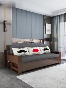 Solid Wood Sofa Bed Multifunctional Small Apartment Living Room Push-pull Foldable Double Sofa Storage Sitting Sleeping Dual-use