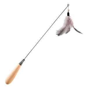 YIYIUR Feather Spring Teasing Cat Stick Simulation Fishing Rod Wooden Handle Bell Squeaky Cat Toy Replaceable Cat Teaser Stick Toy