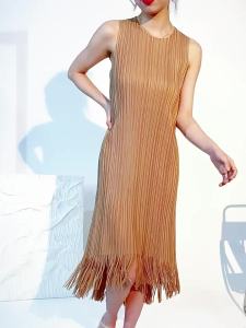 One Size (45-75kg) Pleated Women's Sleeveless Straight Tassel Summer Versatile A-Line Long Dress