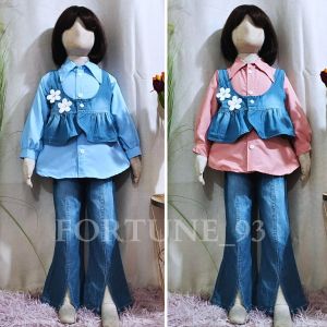 setelan anak perempuan model rompi jins celana cutbray usia 3 - 10 tahun COD