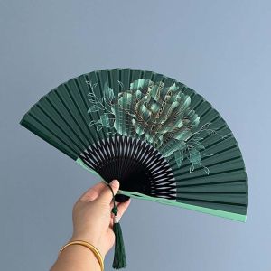YOUSHI TOP Silk Cloth Folding Hand Fan Bamboo Frame Peony Flower Dance Fan Gentle Design with Tassel Retro Handheld Fan Home Decoration