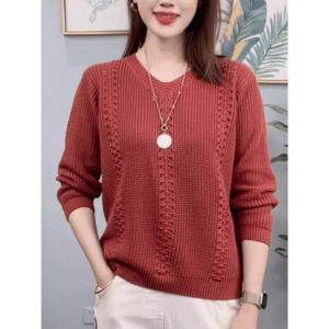 Womens Knitted Sweater Fashionable Loose V-neck Sweater Stylish Slimming Solid Color Top