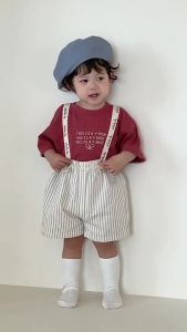 Childrens Short-Sleeve Summer Suit Thin Korean Style Boys Clothing with Letter Print T Striped shirt and suspender shorts set