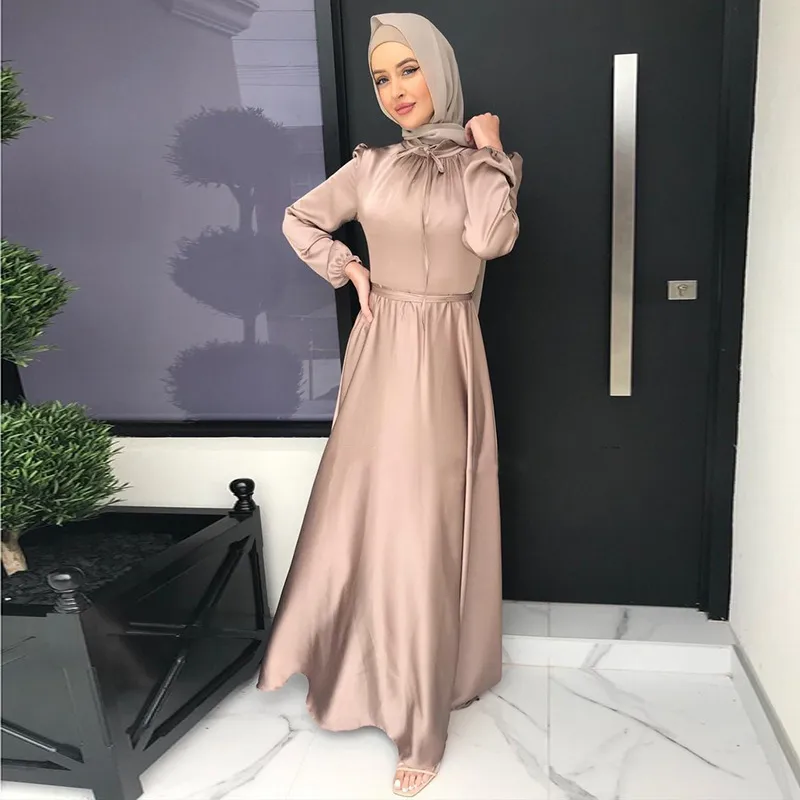 Women Muslim Dress Middle East Dubai Long Sleeve Maxi Dress Muslimah Abaya  Dress Tunic Solid Satin Dresses Elegant Evening Dress【No Headscarf】