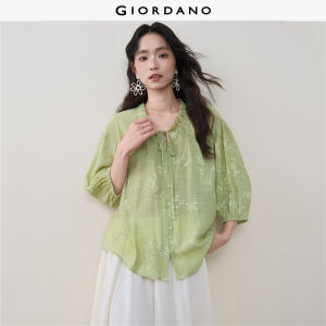 Giordano Women Floral jacquard tie neck 3/4 sleeve blouse Free Shipping 18346309