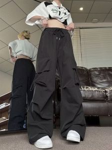 Overall Fungsional Banyak Saku Wanita Korea Overall Besar Tali Serut Bawah Kaki Lebar Celana Panjang Hitam Kulot Casual Linen Baju Karet Casua