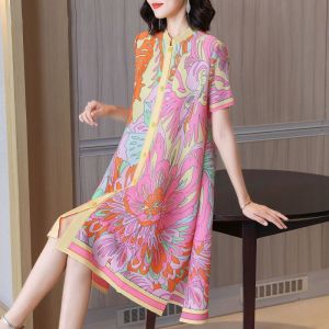 NOVA quality⭐One person one pleat ⭐Summer dress fashion short-sleeved Miyake pleated printed dress new style slimming large size stand collar skirt women