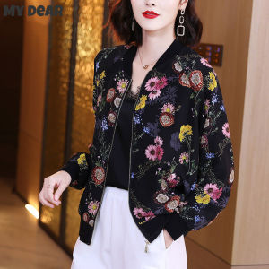 Floral Printed Chiffon Jackets for Women Short Air Conditioning Shirt Baseball Uniform Coat