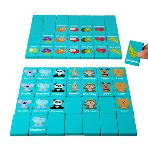 JUTBONG 36PCS Wood Chain Game Blue Cartoon Fruit Animal Mahjong Game Creative Pair Matching Wooden Puzzle Family Party