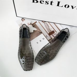 [Free Shipping] Korean-Style Fashion Jelly Shoes For Women Summer Casual Flat Shoes Square-Toed Shallow Crystal Slip-Ons
