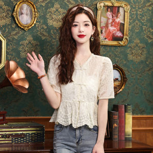 Ammin เสื้อเบลาส์แขนสั้นคอวีสำหรับผู้หญิงเสื้อเบลาส์หรูหราแบบสั้นสำหรับฤดูร้อน2024