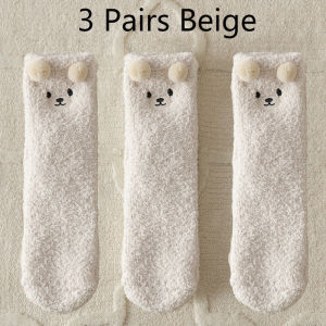 3 Pairs Winter Socks Women Warm Fluffy Socks Bear Cute Animal Coral Fleece Kawaii Fuzzy Socks Thicken Home Sleep Floor Socks Ins
