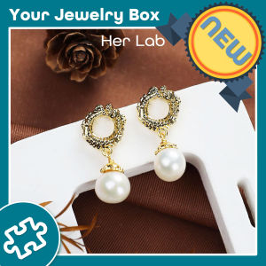 Her Lab Jewelry | Vintage Freshwater Pearl Drop Earrings - Gold-Plated Textured Circle Design - Elegant Jewelry for Women