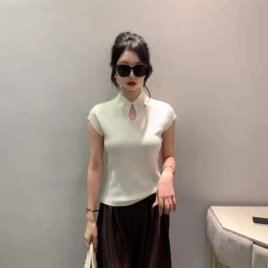 AMMIN เสื้อเบลาส์แขนสั้นสำหรับผู้หญิงตะขอสไตล์วินเทจแฟชั่นกึ่งสูงเรียบง่ายเสื้อยืดผ้าฝ้ายปักลูกปัดเสื้อสะดวกสบายหรูหราสไตล์จีนสำหรับฤดูร้อน