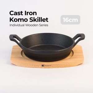 Balance.co Pre-seasoned Cast Iron Komo Skillet & Wood Trivet Serveware 16/18cm - Non Stick FryingPan