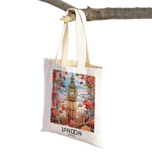 Vintage Lemon Landscape Shopper Bag Prague London Santorini Women Shopping Bags Double Print Linen Handbags Shoulder Lady Tote