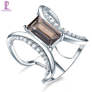 Rắn 925 Sterling Nhẫn bạc tự nhiên khói đá quý thạch anh của phụ nữ Vòng phong cách đáng yêu đồ trang sức quà tặng
