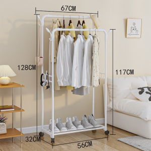 Double Pole Carbon Steel Heavy Duty Clothes Rack Space Saving Multi-Functional Wardrobe Organizer with Hooks for Bags/Hats