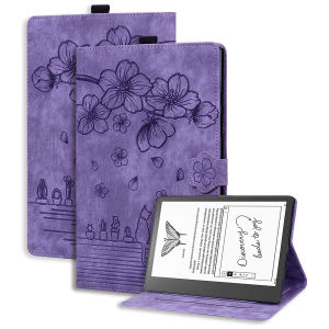 Fashion Cherry Blossom Cat Case For Kindle Scribe 2022 10.2-Inch E-reader Magnetic Flip Ebook Cover 3D Embossing Leather Stand Cover