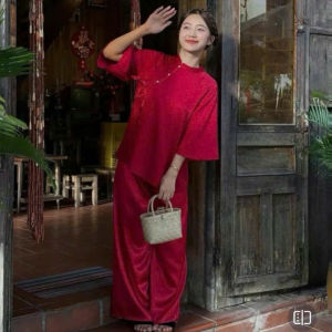 Set đồ Tết áo cổ truyền cách tân dáng rộng đồ lam đi chùa chất Gấm hoa áo cổ tàu đính ngọc dây nơ tay lỡ mix quần dài Tuyết Nhung thanh lịch