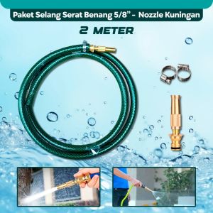TITIK TIGA   Paket Cuci Motor Selang Serat Benang 5/8” Semprotan Nozzle Kuningan – Set Nozzle Kuningan 5/8” Selang Anti Lumut Serat Benang Selang Cuci Mobil Paket Semprotan Kuningan 5/8” Selang Rumahan