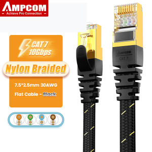 AMPCOM CAT7 Network Cable Shielded Flat RJ45 Network Patch Cord 10G 600MHz 50u Gold Plated Lead Polyester Braided