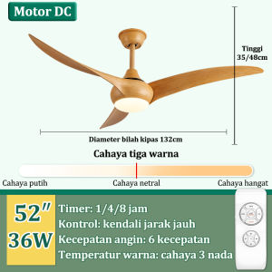 GOGEOUS Lampu kipas angin gantung plafon ruang tamu 2in1 3 warna 6 kecepatan kipas lampu led 52 Inci meja makan kamar tidur balkon Bilah kipas kayu lampu kipas angin remote