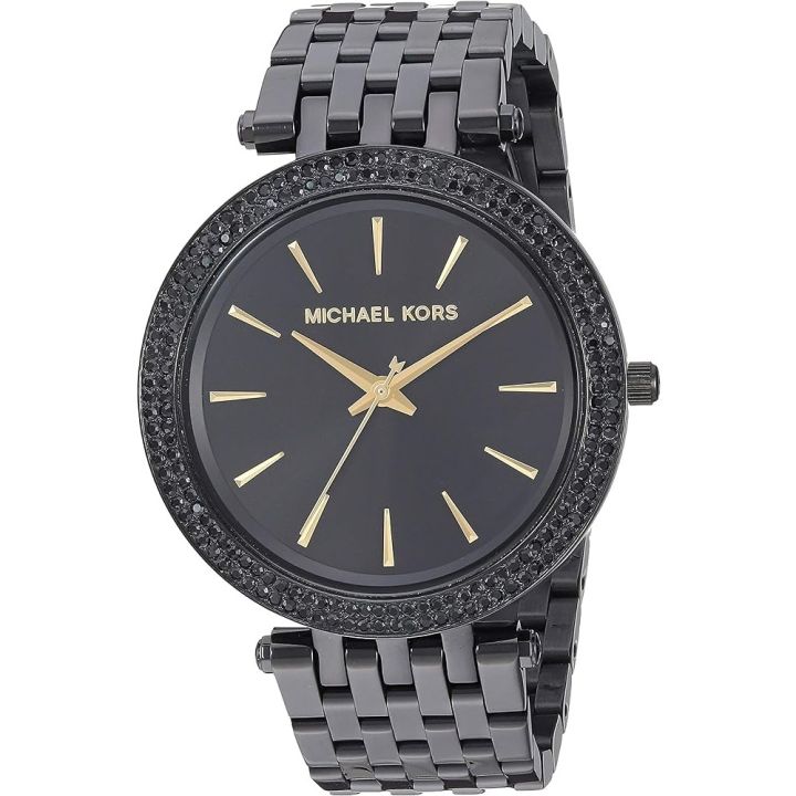 Michael Kors Womens Darci Crystal Bezel Black Ion Slim Watch