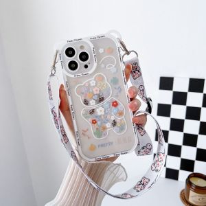 HOCE Cute Cartoon Bear Flowers Crossbody Necklace Strap Phone Case For iphone 16 15 14 13 12 11 Pro Max X XR XS Max 7 8 14 15 16 Plus Lanyard Cord Transparent Soft Cover