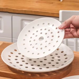 GAOSU Round Ceramic Steaming Plate Microwave Oven Safe Porous Fruit Drain Dish Durable Multifunctional Porcelain Steamer Kitchen Supplies