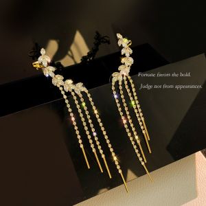 Luxury Zircon Inlaid Rhinestone Long Tassel Ear Bone Clip Earring Ear Exquisite Earring for Women Vintage Fashion Jewelry