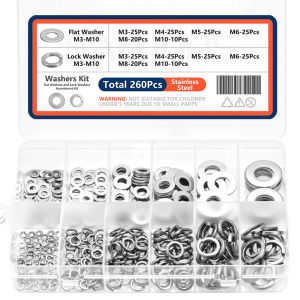 260 PCS Stainless Steel Boxed Washer Set Lock and Flat Washer Kit Spring Lock Washers and Flat Washers Set Prevent Loose