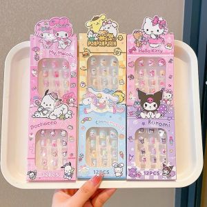 12Pcs Anime Sanrio Kids Fake Nails Fashion Manicure Stickers Set Mymelody Kuromi Cinnamoroll Gift