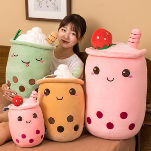 Cartoon Fruit Bubble Tea Cup Plush Toys Real Life Boba Food With Suction Pillow Stuffed Soft Hug Cushion Decor