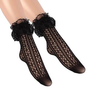 Fishnet lưới tất ngắn cổ đến mắt cá chân với hollowout hình hình học và Ruffle frilly viền ren cho phụ nữ Đầm đen vớ