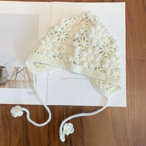 CHLOCH Handmade Kids Knitted Hat Crochet Hollow Flower Princess Cap Breathable Fringed Skullies Hat for Child Girls