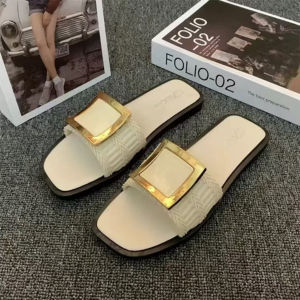 Sandal Wanita Flat Jelly Model Aksen Kotak Gold Empuk Sol Rubber Kekinian Flat Shoes 7047 Elastis Tebal Fashion Korea Sandal Slop Wanita Polos Simpel BRG