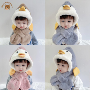Set mũ trùm đầu liền khăn hình chim cánh cụt cho bé lót bông mềm mịn chống gió giữ ấm cực tốt