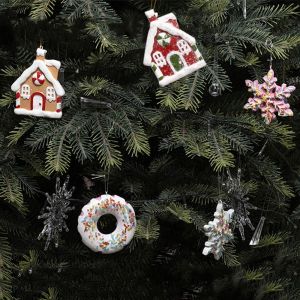 ZENGD Snowflake Donut Christmas Tree Ornaments Small House Christmas Decoration Cute Hanging Resin Christmas Cottage Home