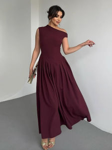 Elegant Long Dress Women Loose Skew Collar Sleeveless A Line Robe Female 2025 Spring Summer Solid Fashion High Waist Dress Lady2026